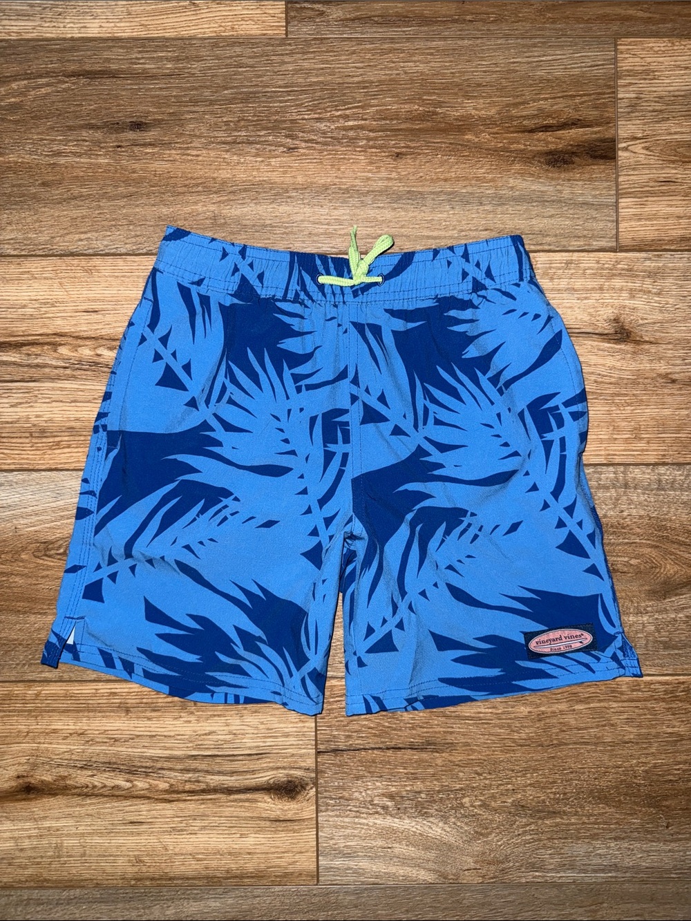 Vineyard Vines Blue Tropical Print Swim Shorts with Neon Drawstring